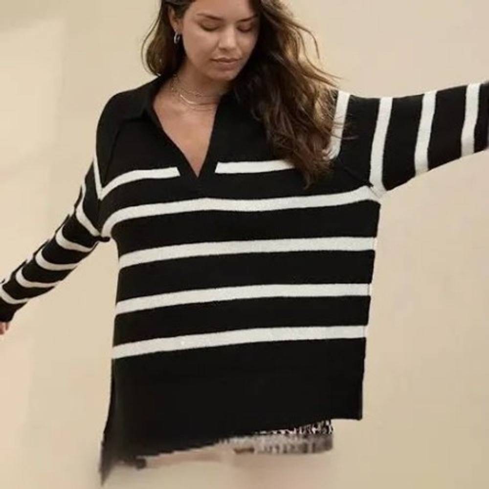 Aerie Striped Polo Sweater Black White V-Neck Oversized Knit Pullover Small